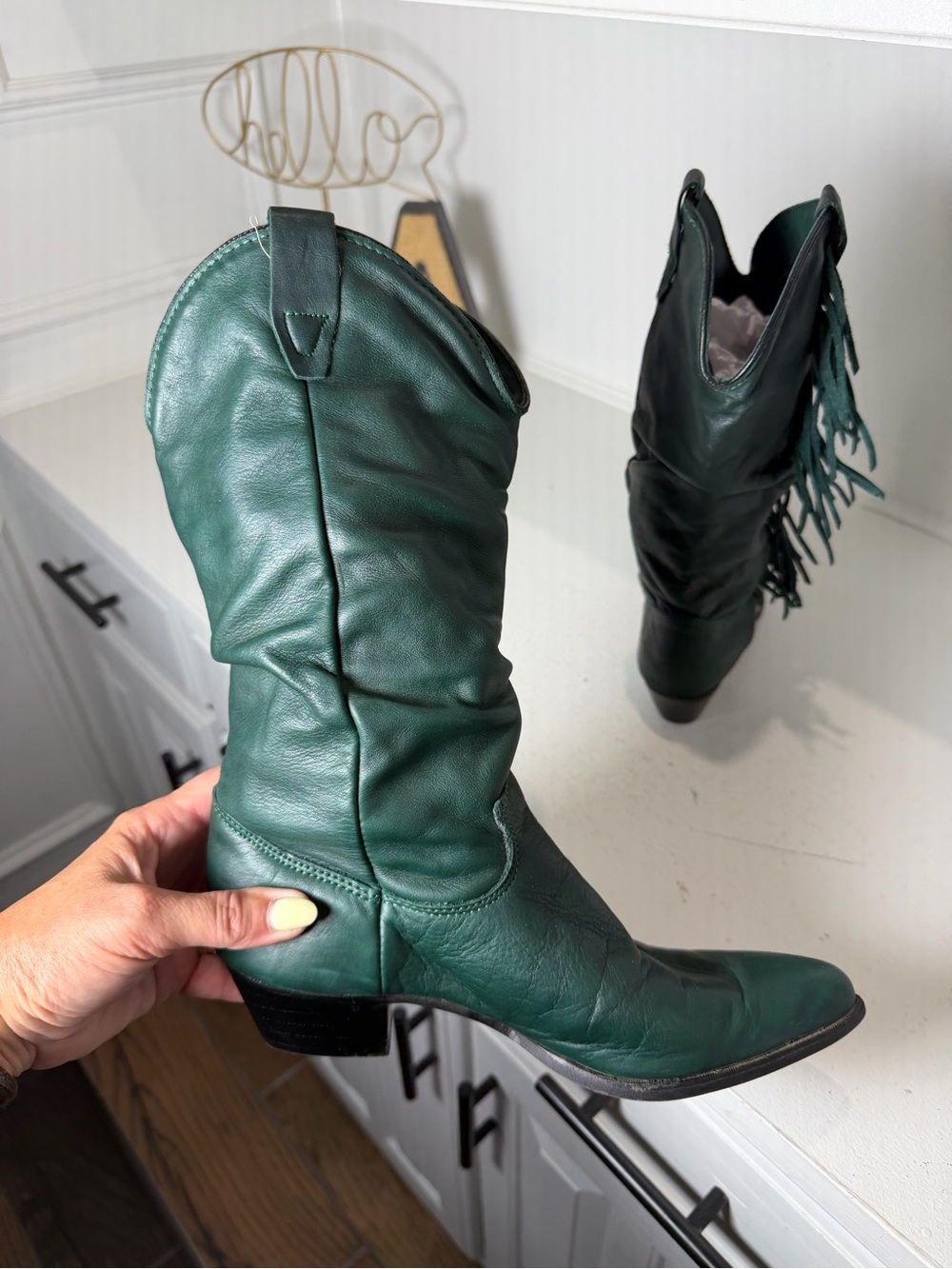 Vintage Dingo Womens 6.5M Forest Green Leather Fringe Cowboy Boots Tall Western - Picture 7 of 9